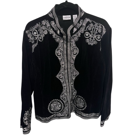 Chicos Embroidered Black and Silver Corduroy Jacket - Picture 1 of 5